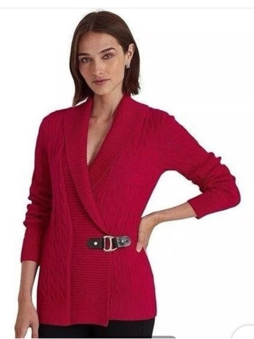 Ralph Lauren Bright Red Cable-Knit Shawl Cardigan with Buckle